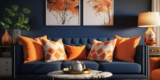 A living room with a blue couch and orange pillows.