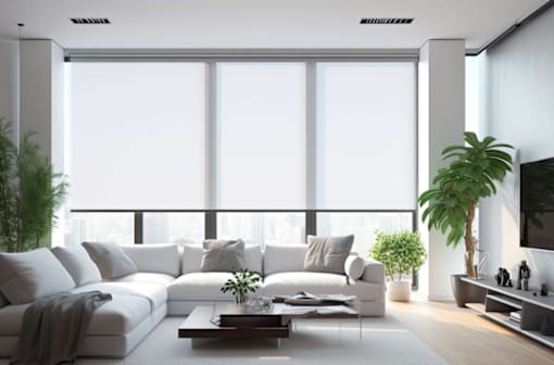 A modern living room with a white sofa, a coffee table, and a large window at Bluebell Ridge, Denver