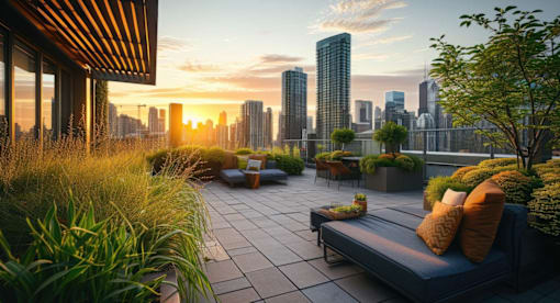 A rooftop patio with a couch and pillows overlooking a city skyline at sunset at Bluebell Ridge in Denver, CO