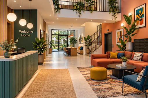 A welcoming home interior with a green reception desk and a variety of seating options.