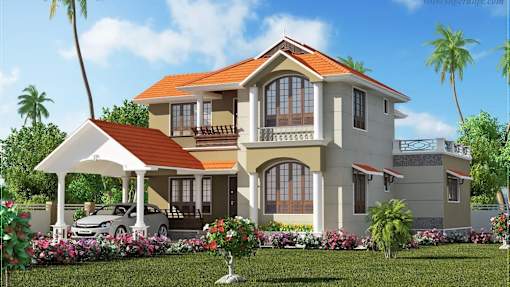A two-story house with a red roof and a carport is surrounded by a garden with flowers and palm trees.