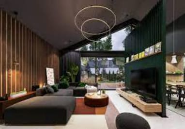 A modern living room with a fireplace and a large couch.
