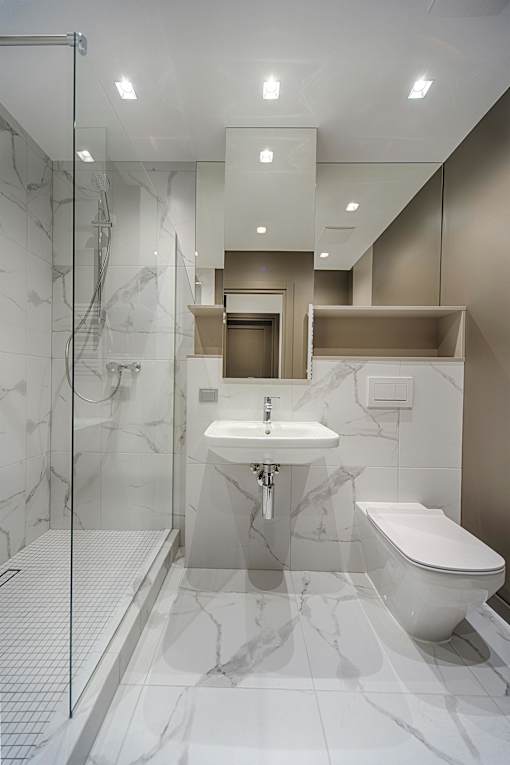 A white sink is in the middle of a marble bathroom.