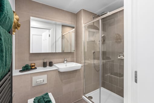 a bathroom with a shower and a sink and a mirror