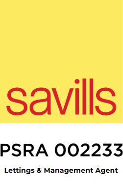 A yellow sign with the word Savills and the title of Letting & Management Agent.
