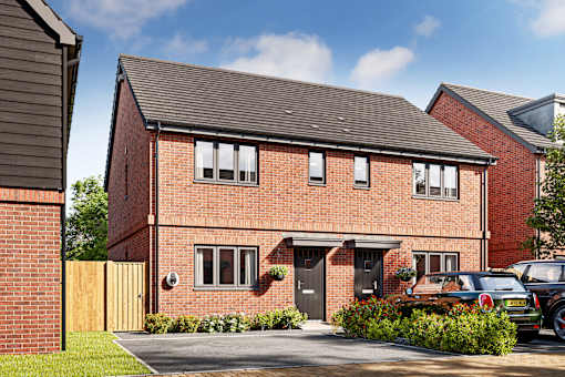 A red brick house with a black car parked in front.