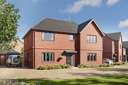A red brick house with a black roof and a grey car parked in front.