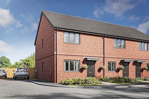 A red brick house with a black roof and a car parked in front.