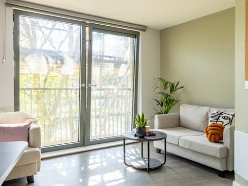 A living room with a couch, a table, and a plant.