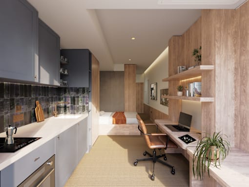 A modern kitchen with a workspace.