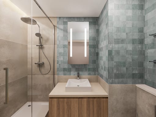 A modern bathroom with a wooden vanity and a walk-in shower.