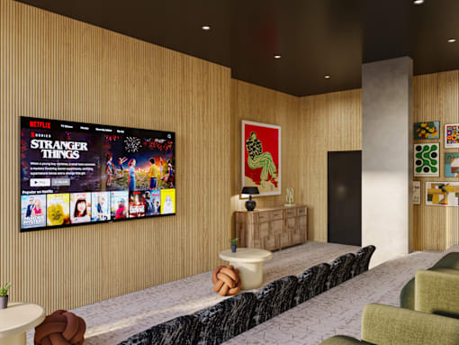 A living room with a large screen displaying the Netflix show Stranger Things.