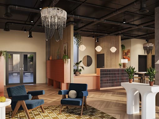 A modern office space with blue chairs, a white table, and a chandelier.