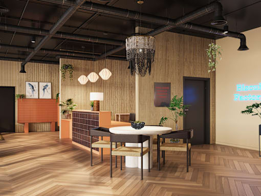 A modern dining room with a wooden floor and a large table with chairs.