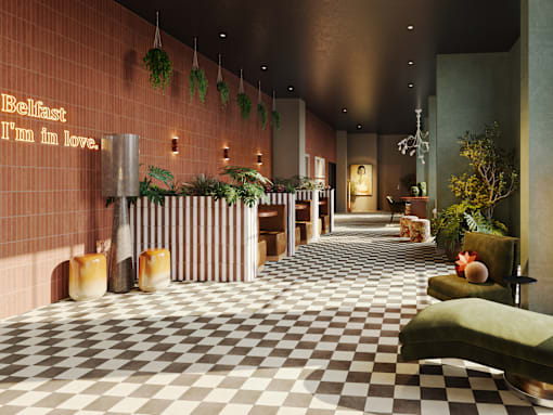 A modern interior with a checkered floor and green plants.