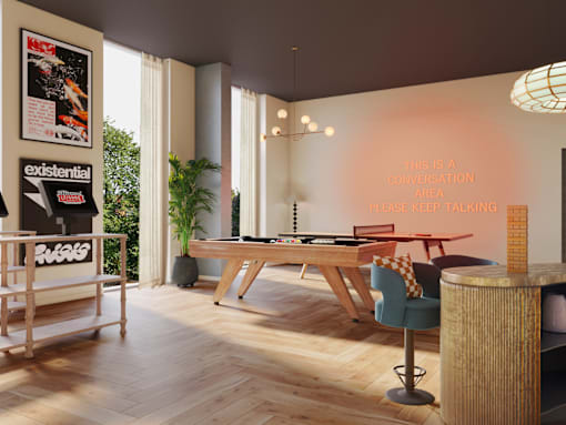 A room with a sign that says "This is a conversation area, please keep talking".