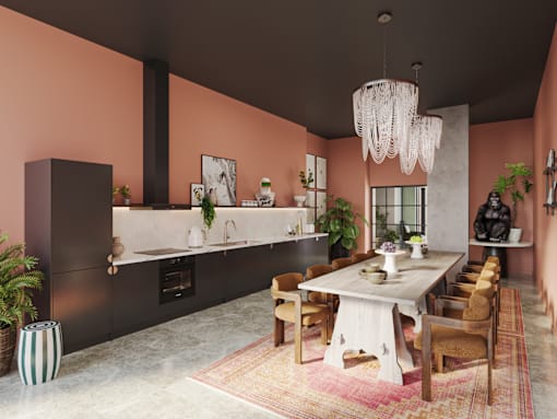 A modern kitchen with a dining table set for six.