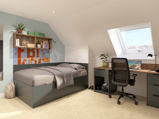 A bedroom with a bed, desk, and chair.