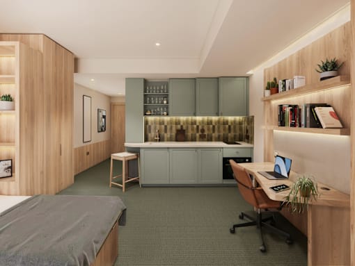 A modern bedroom with a desk and a bed.