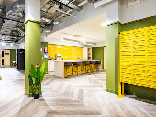 A room with a long table and chairs with a green wall and yellow drawers.