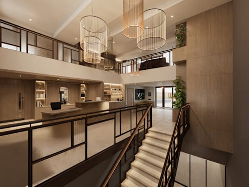 A staircase with a metal railing leads to a second floor.