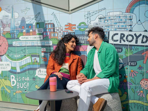 Two people sitting in front of a mural with the word "Croydon" on it.