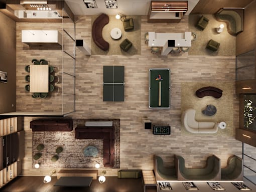 A modern interior design with a stone wall and a fireplace.