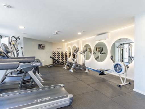 A gym with treadmills, weights, and exercise equipment.