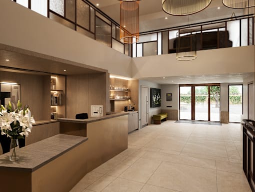 A reception area with a desk and a flower vase.
