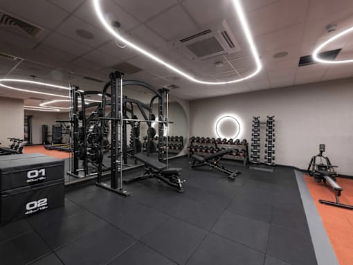 A well-equipped gym with a variety of machines and weights.