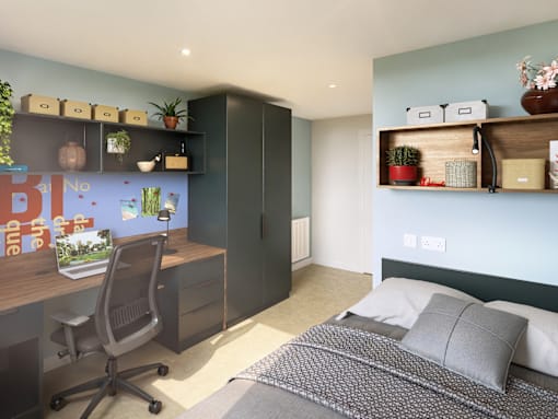 A bedroom with a bed, desk, and shelves.
