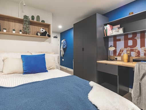 A bedroom with a bed, a desk, and a shelf with plants and books.