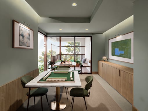 A room with a pool table and chairs.