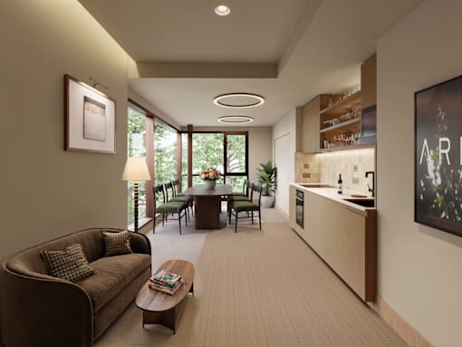 A living room with a brown couch and a coffee table.