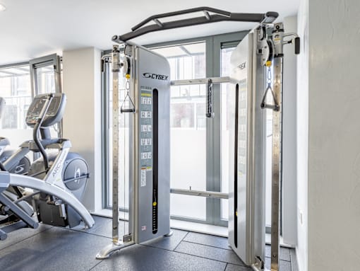 A gym with a treadmill, a stationary bike and a rowing machine.