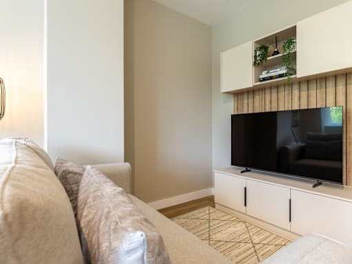 A living room with a couch, a television, and a cabinet with plants on top.