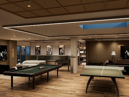 A billiard table is in the middle of a room with a pool table to the right.