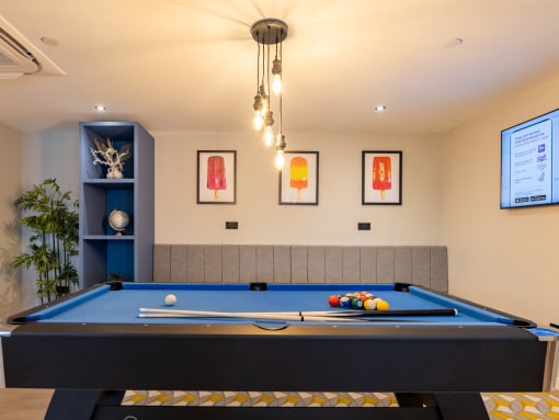 a games room with a pool table and a tv