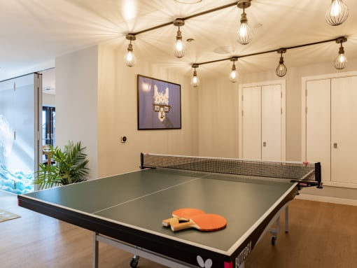 a ping pong table in a living room with lights on
