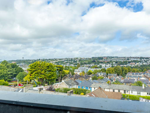A view of a residential area from a high vantage point.