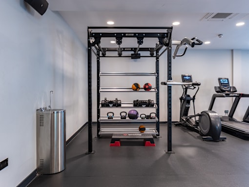 A gym with a weight rack, a treadmill, and a rowing machine.