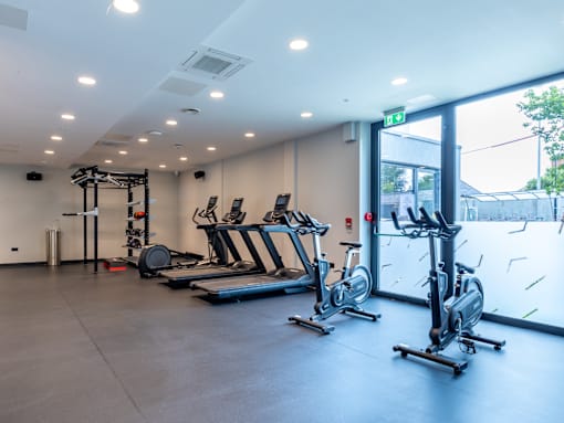 A gym with treadmills, exercise bikes, and a weight machine.