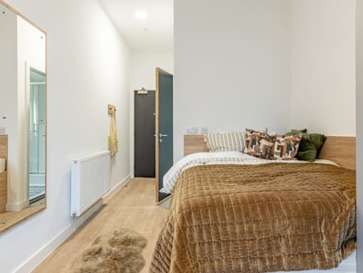 A bedroom with a brown bedspread and a brown rug.