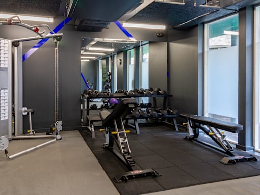 A gym with a variety of equipment including a rowing machine, a bench, and a weight rack.