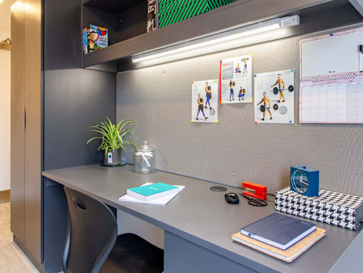 A grey desk with a plant, a mouse, a mouse pad, a notebook, a pen, a phone, a cup, a jar, a calendar, and pictures on the wall.