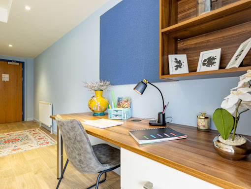 A room with a desk and a chair.