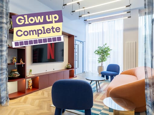 A living room with a sign that says "Glow up Complete".