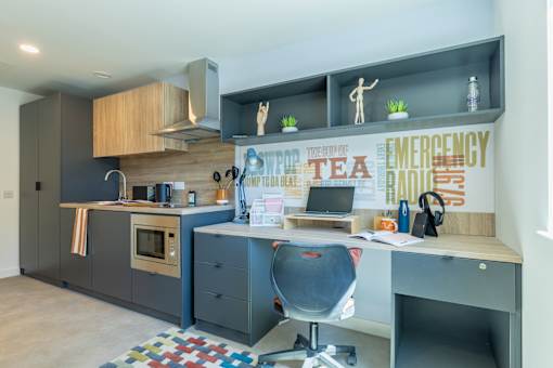 A modern kitchen with a grey and white color scheme.