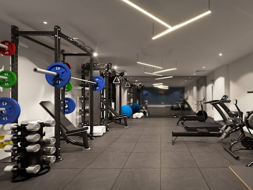 A gym with weights and exercise equipment.