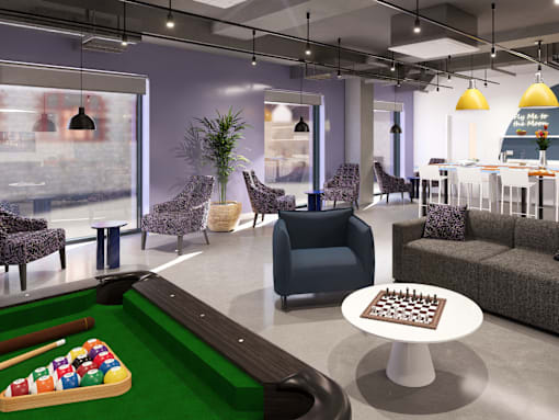A room with a pool table and a chess board.
